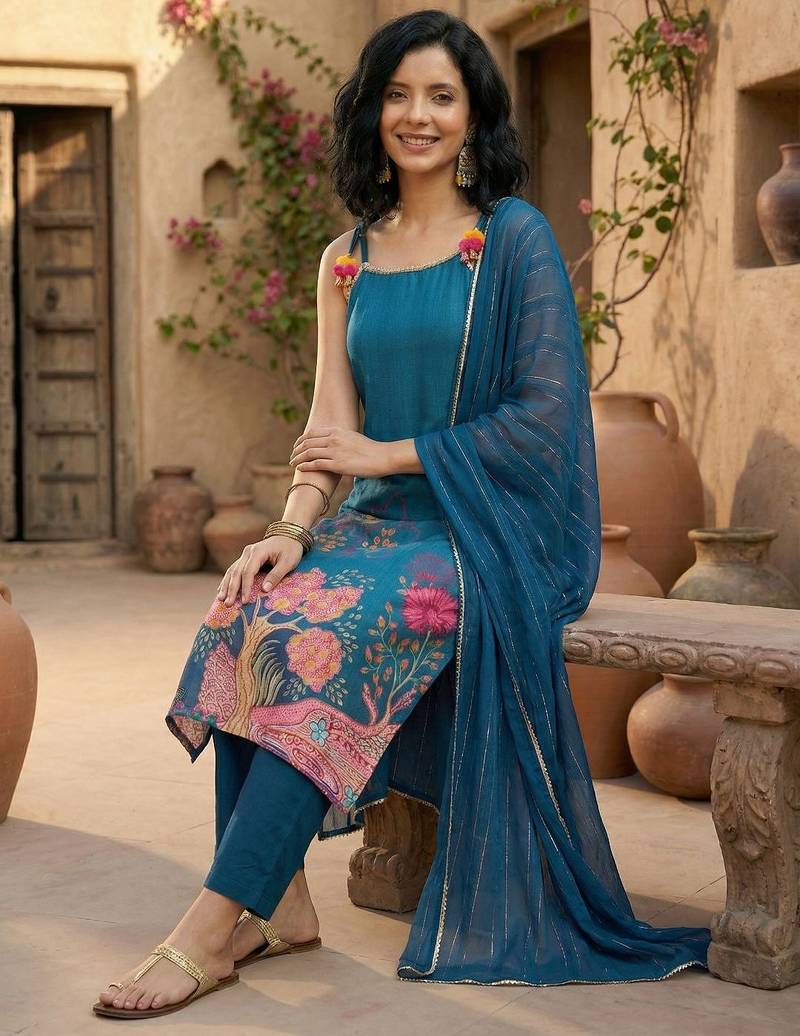 Women Floral Printed Regular Beads and Stones Kurta with Trousers & With Dupatta