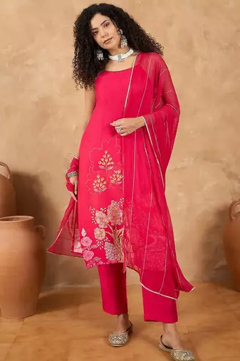 Floral Printed Straight Kurta With Trousers & Dupatta