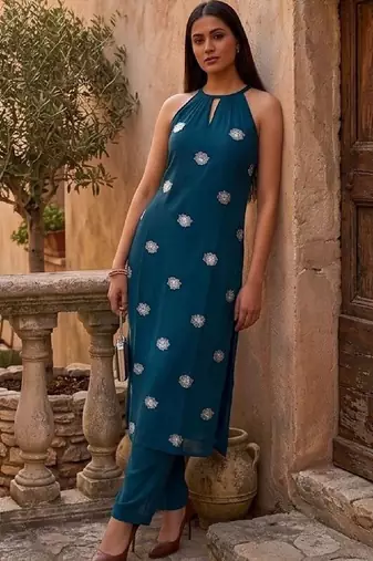 Women Ethnic Motifs Embroidered Regular Thread Work Kurta with Trousers