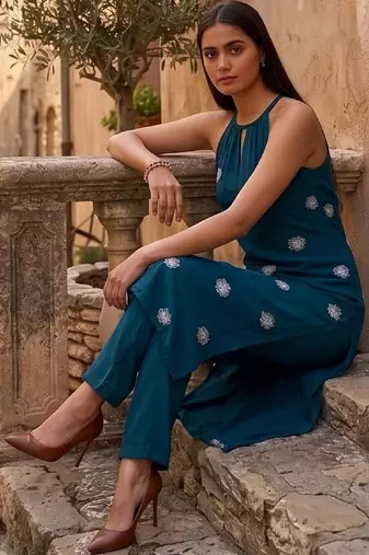 Women Ethnic Motifs Embroidered Regular Thread Work Kurta with Trousers