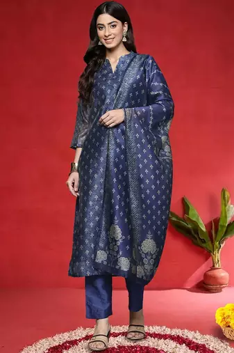Women Floral Woven Design Regular Chanderi Silk Kurta With Trousers & Dupatta