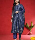 Women Floral Woven Design Regular Chanderi Silk Kurta With Trousers & Dupatta