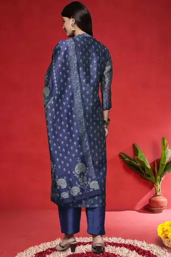 Women Floral Woven Design Regular Chanderi Silk Kurta With Trousers & Dupatta