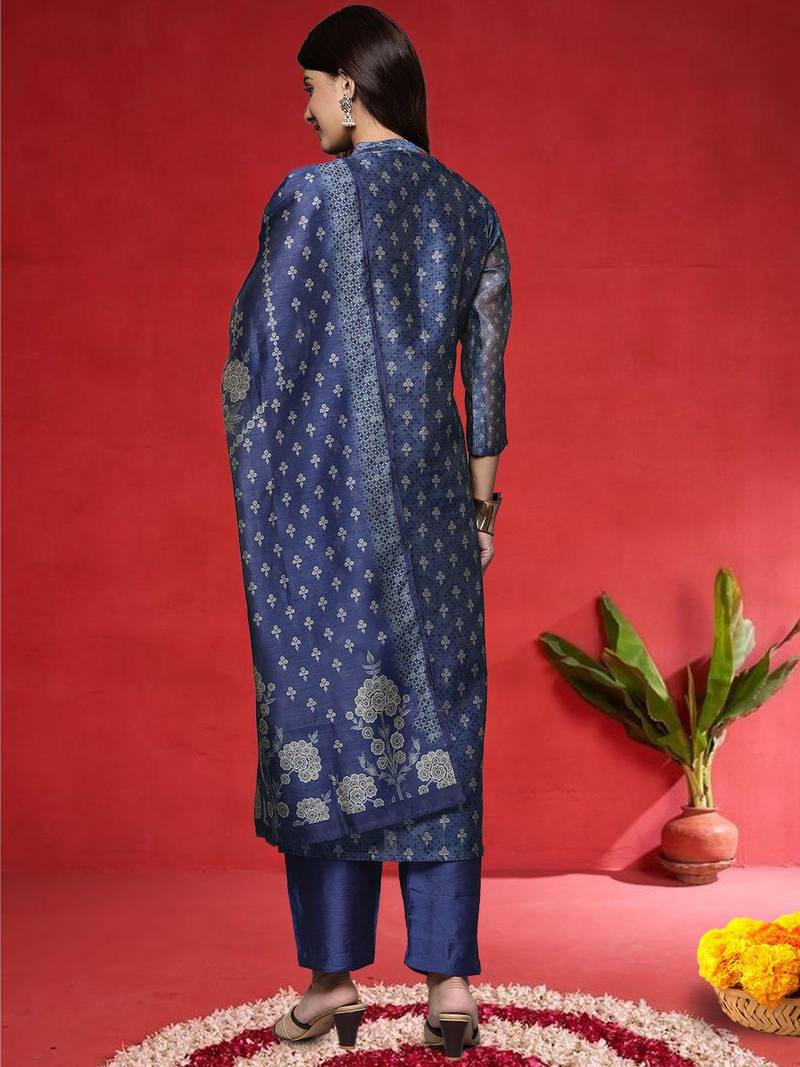 Women Floral Woven Design Regular Chanderi Silk Kurta With Trousers & Dupatta