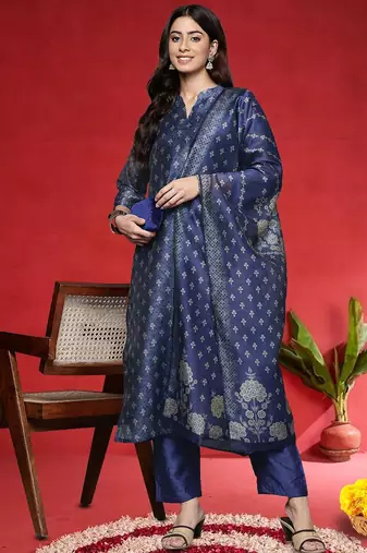 Women Floral Woven Design Regular Chanderi Silk Kurta With Trousers & Dupatta
