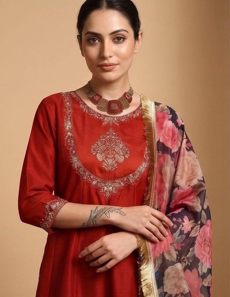 Women Floral Embroidered Regular Thread Work Kurta with Trousers & With Dupatta