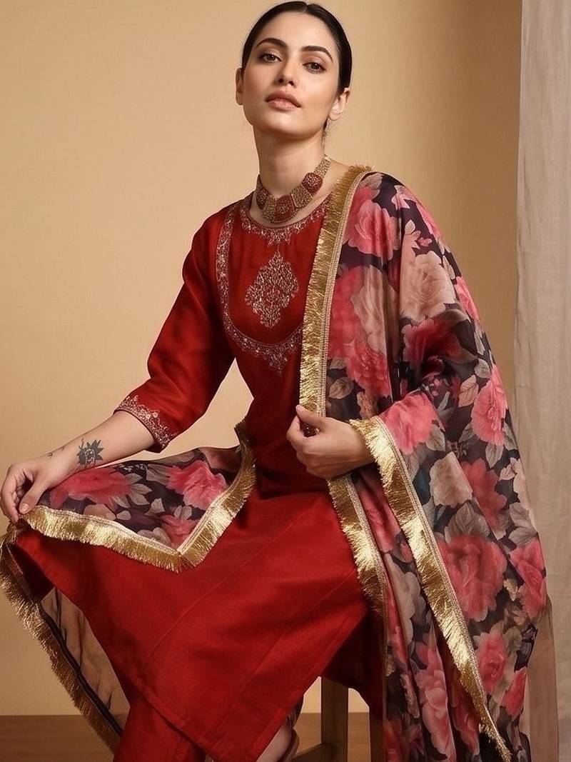 Women Floral Embroidered Regular Thread Work Kurta with Trousers & With Dupatta