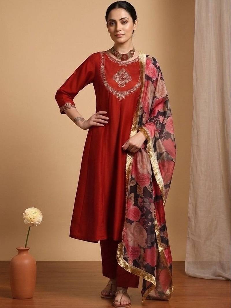 Women Floral Embroidered Regular Thread Work Kurta with Trousers & With Dupatta