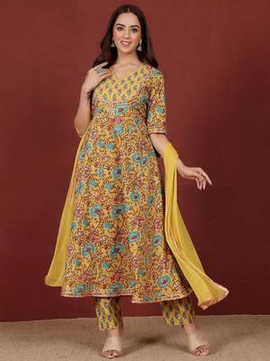 Floral Printed V-Neck Gotta Patti Pure Cotton A-Line Kurta With Trousers & Dupatta 1