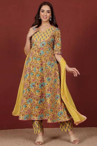 Floral Printed V-Neck Gotta Patti Pure Cotton A-Line Kurta With Trousers & Dupatta