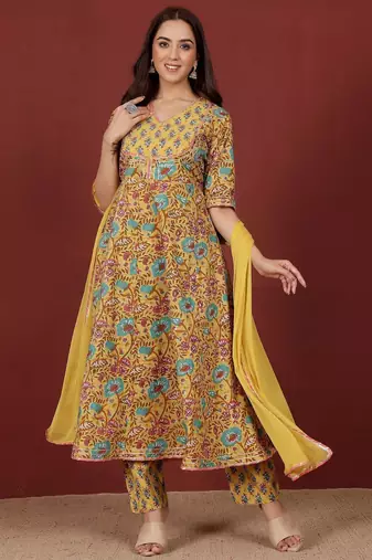 Floral Printed V-Neck Gotta Patti Pure Cotton A-Line Kurta With Trousers & Dupatta