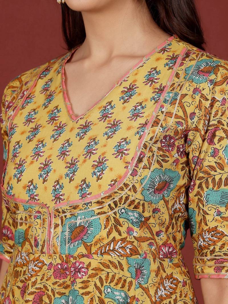Floral Printed V-Neck Gotta Patti Pure Cotton A-Line Kurta With Trousers & Dupatta