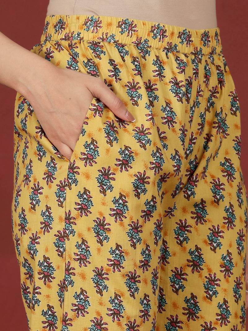 Floral Printed V-Neck Gotta Patti Pure Cotton A-Line Kurta With Trousers & Dupatta