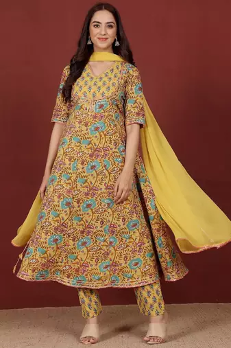 Floral Printed V-Neck Gotta Patti Pure Cotton A-Line Kurta With Trousers & Dupatta