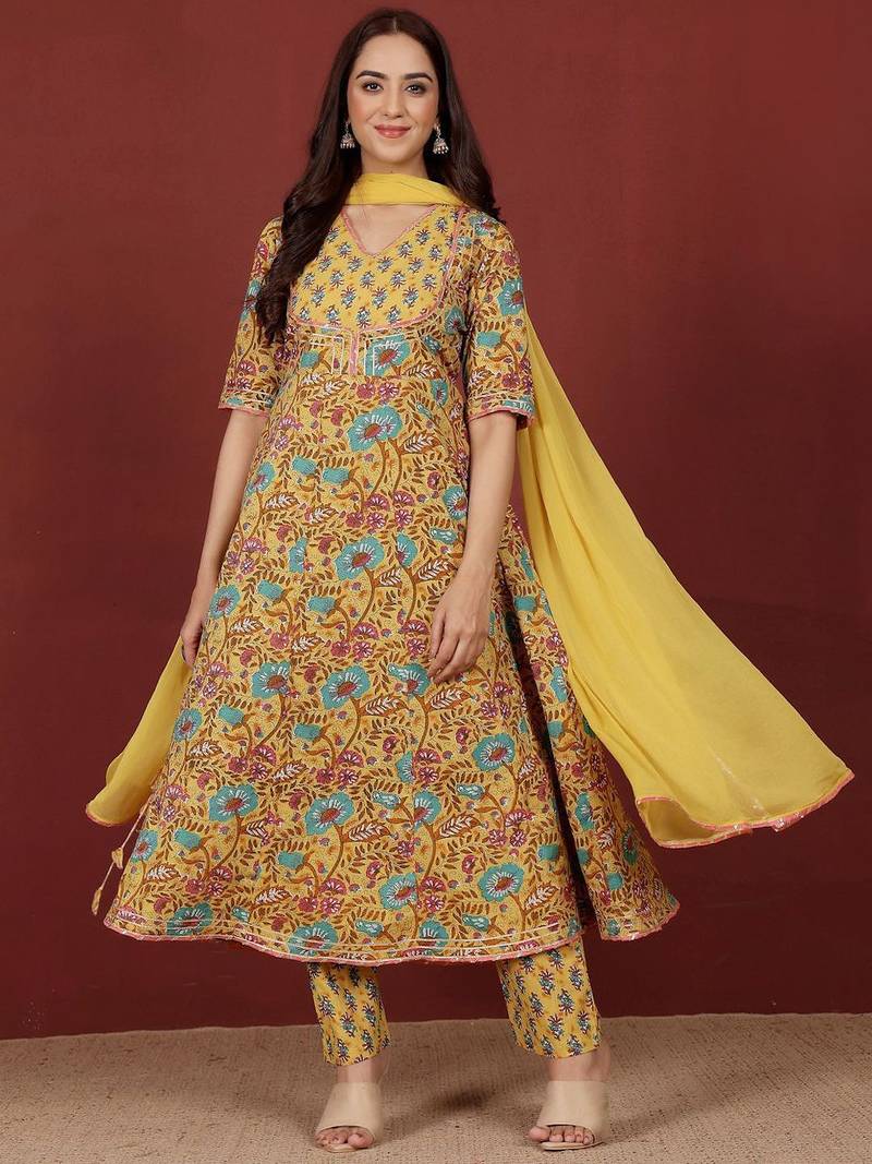 Floral Printed V-Neck Gotta Patti Pure Cotton A-Line Kurta With Trousers & Dupatta
