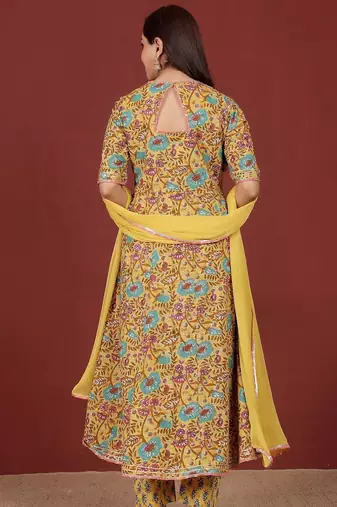 Floral Printed V-Neck Gotta Patti Pure Cotton A-Line Kurta With Trousers & Dupatta