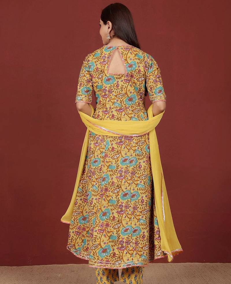 Floral Printed V-Neck Gotta Patti Pure Cotton A-Line Kurta With Trousers & Dupatta