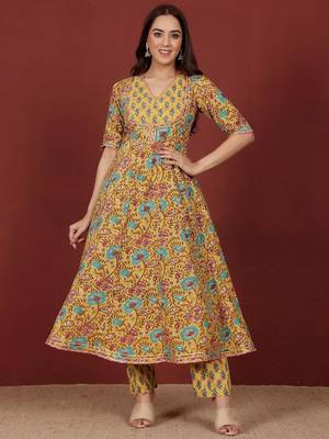 Floral Printed V-Neck Gotta Patti Pure Cotton A-Line Kurta With Trousers & Dupatta 7