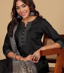 Thread Work Notch Neck Straight Kurta With Trousers And Dupatta