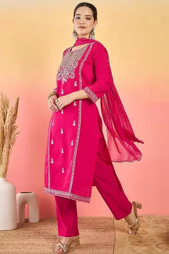 Women Ethnic Motifs Embroidered Thread Work Kurta with Trousers & Dupatta
