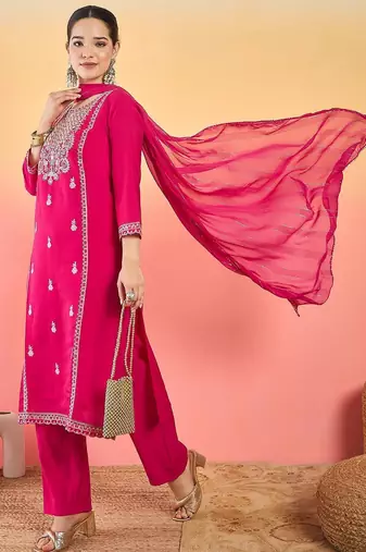 Women Ethnic Motifs Embroidered Thread Work Kurta with Trousers & Dupatta