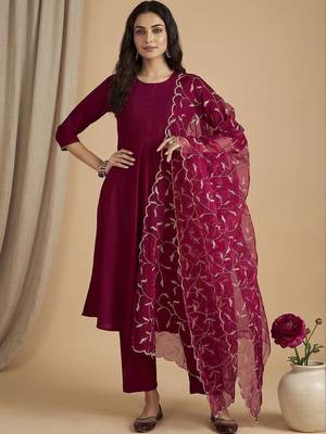 Women Ethnic Motifs Regular Thread Work Kurta with Trousers & With Dupatta 1