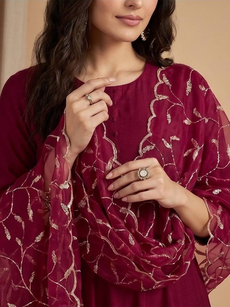 Women Ethnic Motifs Regular Thread Work Kurta with Trousers & With Dupatta