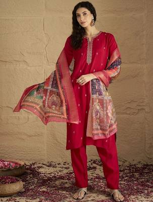 Floral Embroidered Mirror Work Kurta With Trousers & Dupatta 1