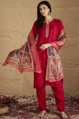 Floral Embroidered Mirror Work Kurta With Trousers & Dupatta