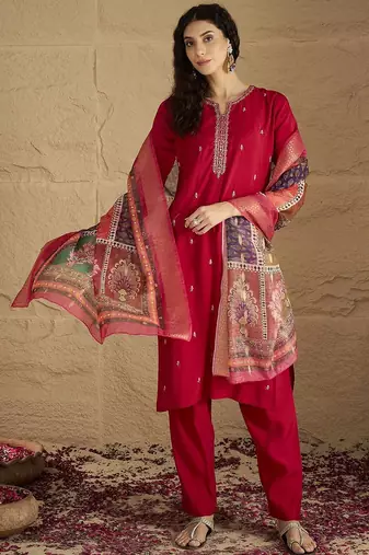 Floral Embroidered Mirror Work Kurta With Trousers & Dupatta