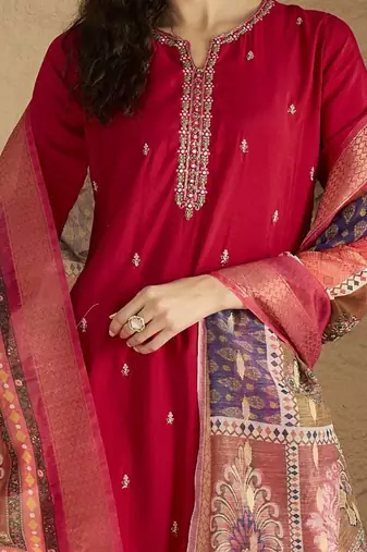 Floral Embroidered Mirror Work Kurta With Trousers & Dupatta