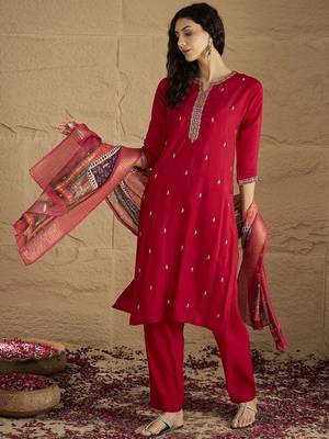 Floral Embroidered Mirror Work Kurta With Trousers & Dupatta 4