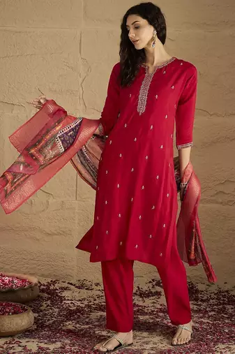 Floral Embroidered Mirror Work Kurta With Trousers & Dupatta