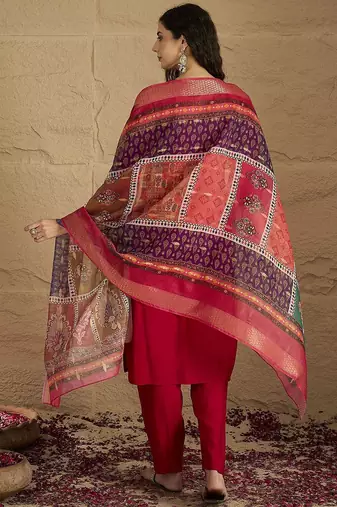 Floral Embroidered Mirror Work Kurta With Trousers & Dupatta