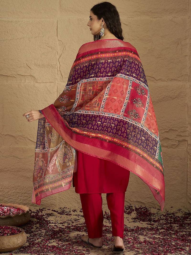 Floral Embroidered Mirror Work Kurta With Trousers & Dupatta
