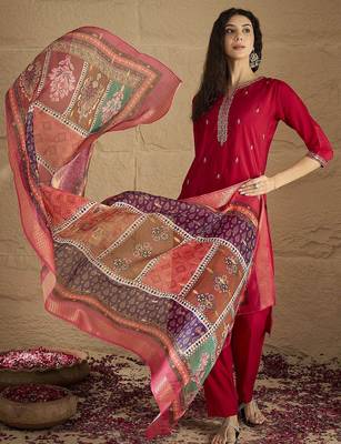 Floral Embroidered Mirror Work Kurta With Trousers & Dupatta 6