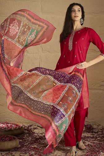 Floral Embroidered Mirror Work Kurta With Trousers & Dupatta