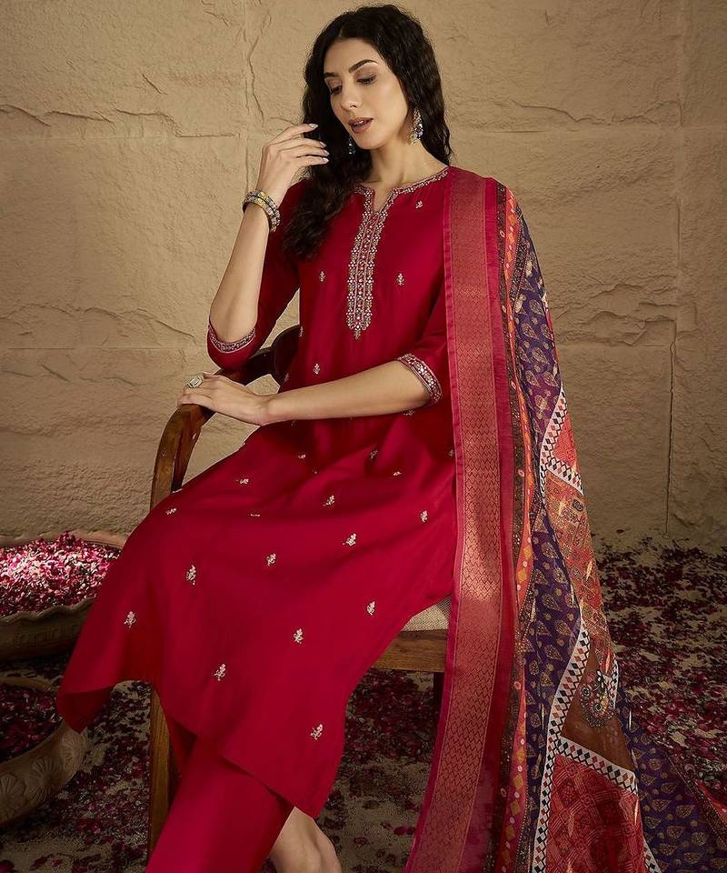 Floral Embroidered Mirror Work Kurta With Trousers & Dupatta