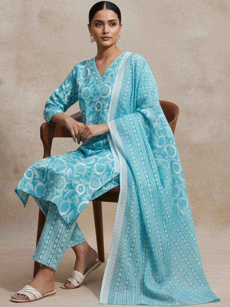 Women Ethnic Motifs Printed Regular Kurta with Trousers & With Dupatta