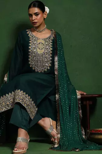 Floral Embroidered Cotton Silk Zari Work Straight Republic Day Kurta With Trousers & Dupatta