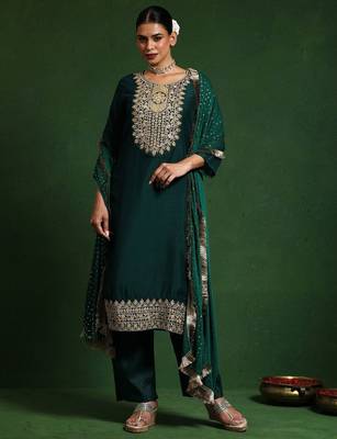 Floral Embroidered Cotton Silk Zari Work Straight Republic Day Kurta With Trousers & Dupatta 2