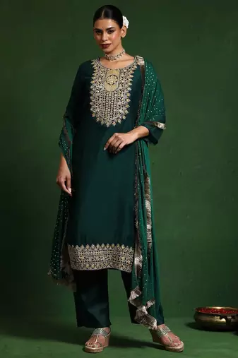 Floral Embroidered Cotton Silk Zari Work Straight Republic Day Kurta With Trousers & Dupatta