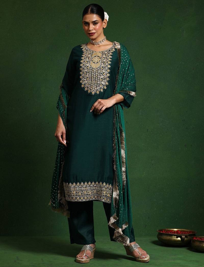 Floral Embroidered Cotton Silk Zari Work Straight Republic Day Kurta With Trousers & Dupatta