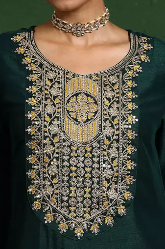 Floral Embroidered Cotton Silk Zari Work Straight Republic Day Kurta With Trousers & Dupatta