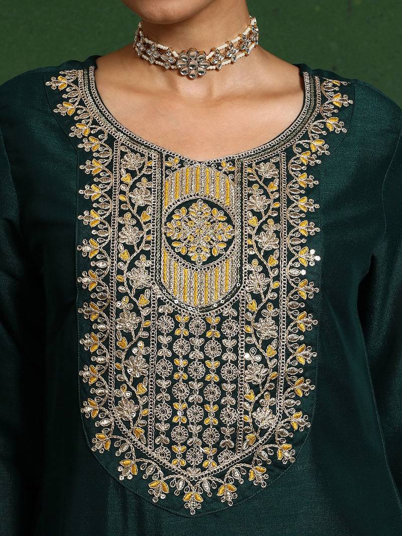 Floral Embroidered Cotton Silk Zari Work Straight Republic Day Kurta With Trousers & Dupatta
