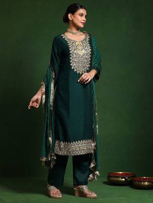 Floral Embroidered Cotton Silk Zari Work Straight Republic Day Kurta With Trousers & Dupatta 4