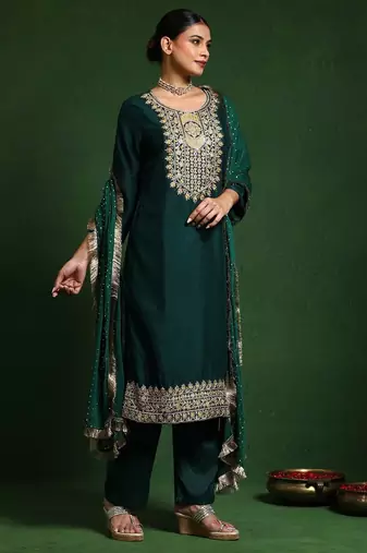 Floral Embroidered Cotton Silk Zari Work Straight Republic Day Kurta With Trousers & Dupatta
