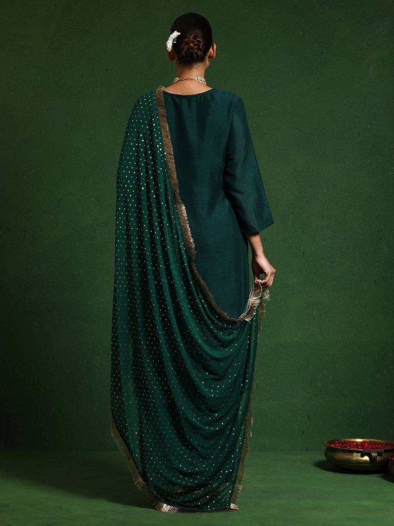 Floral Embroidered Cotton Silk Zari Work Straight Republic Day Kurta With Trousers & Dupatta