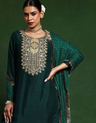 Floral Embroidered Cotton Silk Zari Work Straight Republic Day Kurta With Trousers & Dupatta 6