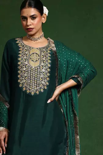 Floral Embroidered Cotton Silk Zari Work Straight Republic Day Kurta With Trousers & Dupatta